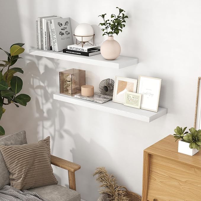 40 Inch Floating Shelves for Wall, 9.3 Inch Deep Shelves for Books & Decor, Wall-Mounted Floating Shelf 40 Inch Long Set of 2, Rustic Wooden Shelf for Living Room, Bedroom, Kitchen, White