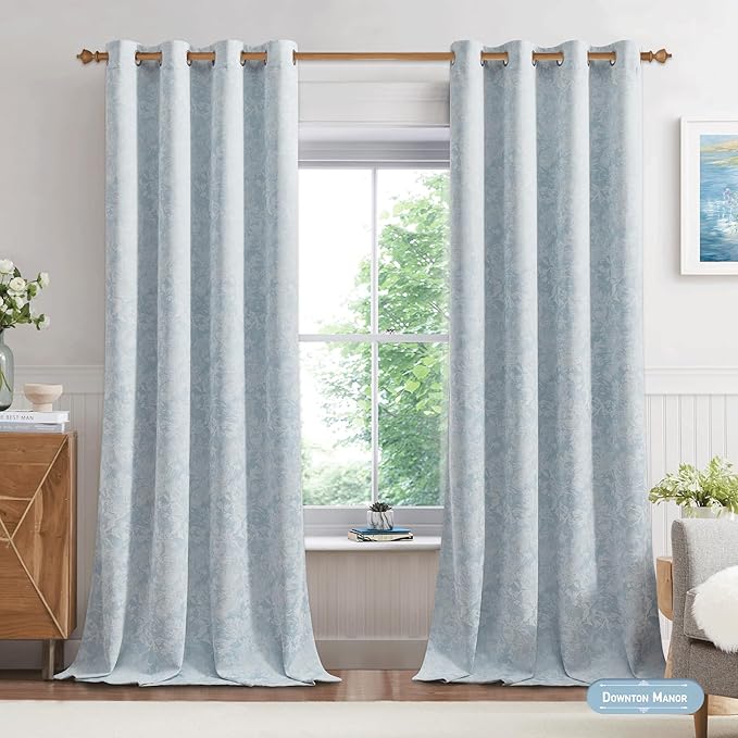 Beauoop Blue Floral Jacquard Blackout Curtains 72 Inches Long 2 Panels for Bedroom Living Room Chenille Flower Room Darkening Thermal Insulated Soundproof Grommet Window Treatments Drapes, 52x72