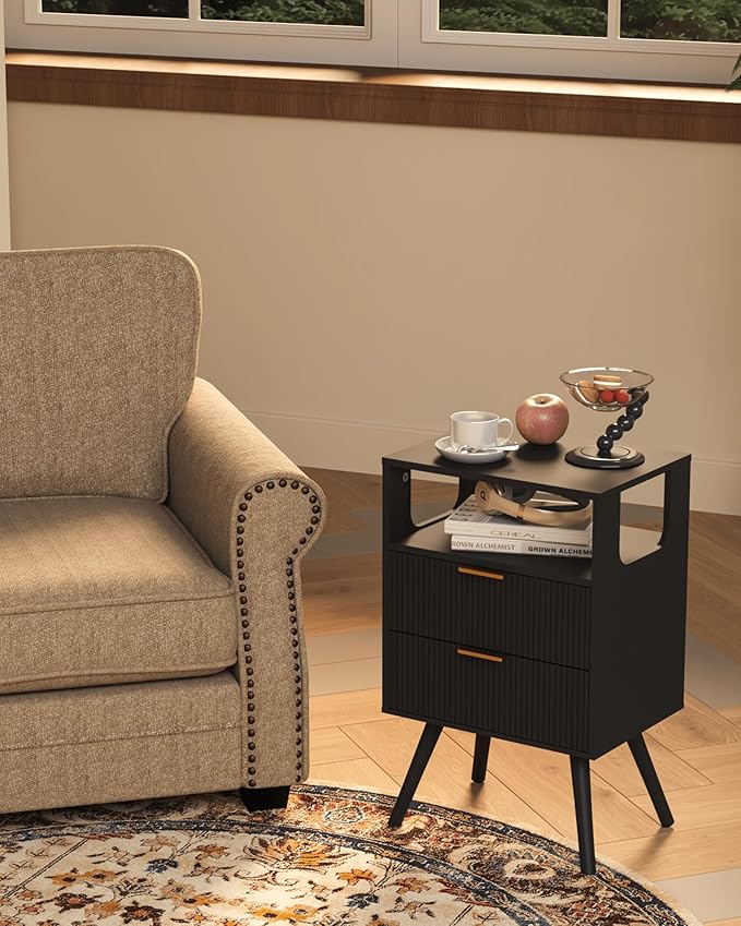Black Nightstand,Modern Bedside Table with 2 Storage Drawer and Open Wood Shelf, for Bedroom and Small Spaces,Night Stand with Solid Wood Legs