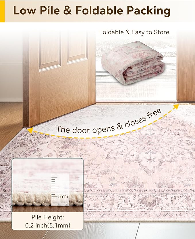 Area Rugs 7'x9' Washable Non-Slip, Floral Vintage Distress Print Pattern Medallion Carpet for Living Room Bedroom Dining Room, Pink Greypink Cute