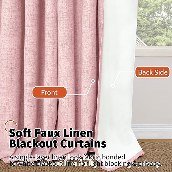 Baby Pink Linen Blackout Curtains for Nursery 63 Inch Length 2 Panels Set, Thermal Insulated Boho Total Black Out Noise Reducing Bonzer Grommets Window Curtains for Girls Bedroom, Each 60 Inch Wide