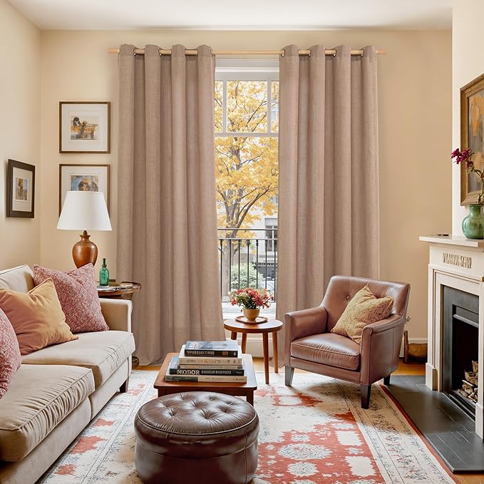 YoungsTex 80 Inches Long Mocha Brown Linen Curtains for Living Room Window, Light Filtering Drapes with Grommet Semi Sheer Rustic for Bedroom, 2 Panels, 52 X 80 Inch