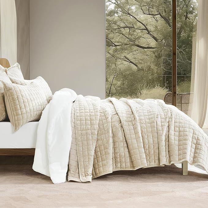RECYCO Luxury Velvet Quilt Set, California King 118'' x 106'' Oversized Bedspread, Ultra Soft Velvet Comforter, Lightweight Box Stitch Bedding Sets for All Season, with 2 Shams, Beige