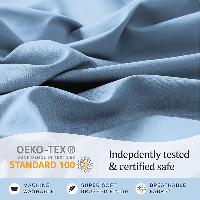 LuxClub 4 PC King Sheet Set, Deep Pockets Wrinkle Free Cooling Bed Sheets Hotel Bedding for Women, Men, Includes 1 Fitted Sheet, 1 Flat Sheet and 2 Pillowcases-Soft Sky