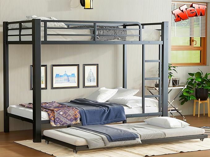 Upgraded & Stronger Heavy Duty Metal Twin XL Over Twin XL Bunk Bed with Trundle for Adults & Teens, Thickened More Stable Safer Bunkbeds (Greater Weight Capacity)