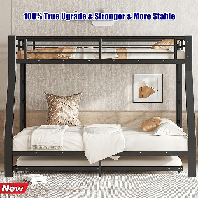 TSAMPA Latest Upgraded & Stronger Metal Bunk Bed Twin Over Full Size, More Stable & Safer Steel Heavy Duty Bunkbed Frame with Twin Size Trundle (Twin Over Full)