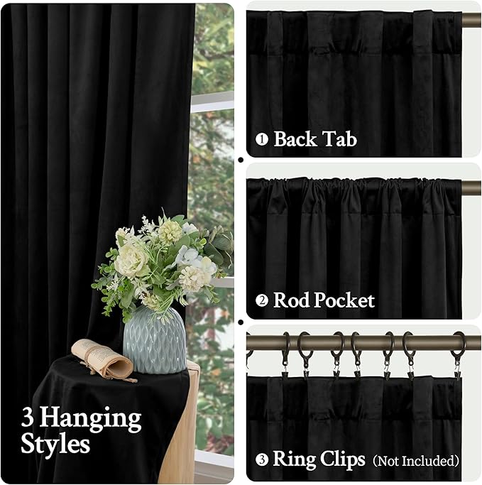 LAMIT Halloween Black Velvet Curtains for Bedroom 84 Inch, Luxury Thermal Room Darkening Drapes Back Tab and Rod Pocket Privacy Blackout Panels for Movie Theater, 2 Panels, 52 x 84 Inch