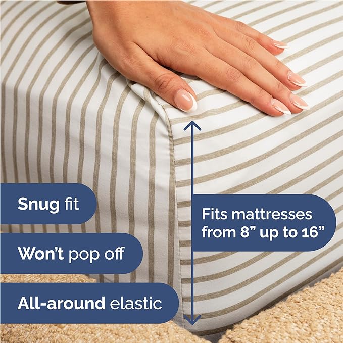Full 6 Piece Sheet Set - Cooling, Comfy & Breathable - Hotel Luxury Bedding, Includes Fitted Sheet for Women, Men, Kids & Teens - 1 Flat, 1 Fitted Sheet, 4 Pillowcases w/Deep Pockets - Beige Stripes