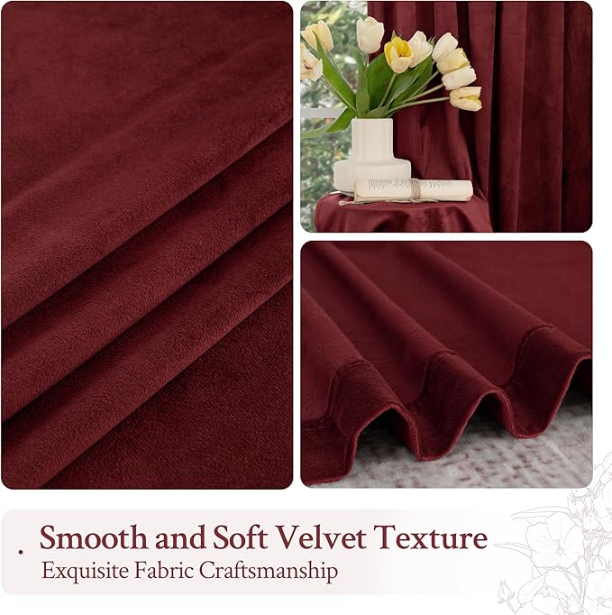 LAMIT Burgundy Red Velvet Curtains 96 Inch for Living Room, Vintage Thermal Room Darkening Panels Privacy Back Tab and Rod Pocket Christmas Drapes for Bedroom/Theater, 2 Panels, 52 x 96 Inch
