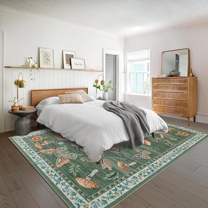 Mushroom Washable Rug 5x7 Area Rugs for Living Room, Insect Print for Bedroom, Non Slip Throw Rugs with Rubber Back, Soft Low Pile Dining Room Carpet for Under Table, Green