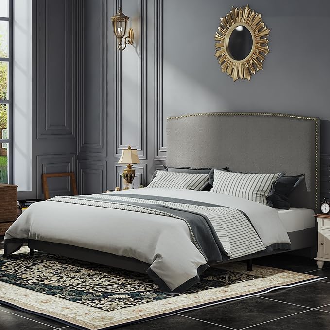 King Size Bed Frame and Headboard, 56" Upholstered Platform Bed with Nailhead Trim, Soft Boucle Fabric, No Box Spring Needed, Easy Assembly, Grey
