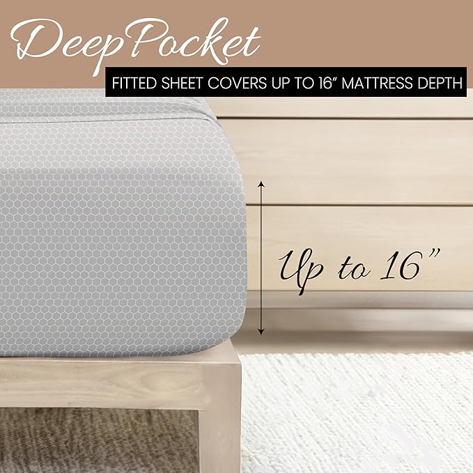 Linen Market Double-Brushed Patterned Microfiber Twin XL Sheet Set 3 Piece – Oeko-TEX Certified Ultra Soft & Wrinkle-Free - 16" Deep Pocket Sheets - Easy Care Twin XL Size - Honeycomb Light Gray