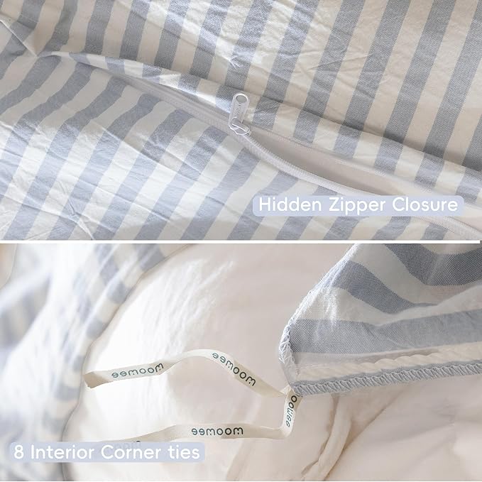 MooMee Striped Duvet Cover Set 100% Washed Cotton Linen Like Textured Breathable Durable Soft Comfy (Cornflower Blue White Classic Stripes, Super King 108"x98")