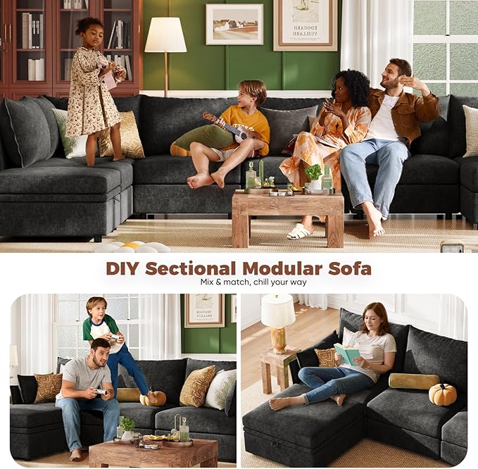 ABCASA Luxury Modular Sectional Sofa, L-Shaped 3-Seat Couch with Storage Ottoman Deep Seat & Reversible Chaise Lounge Chenille Black for Compact Spaces, Apartments, Dorm