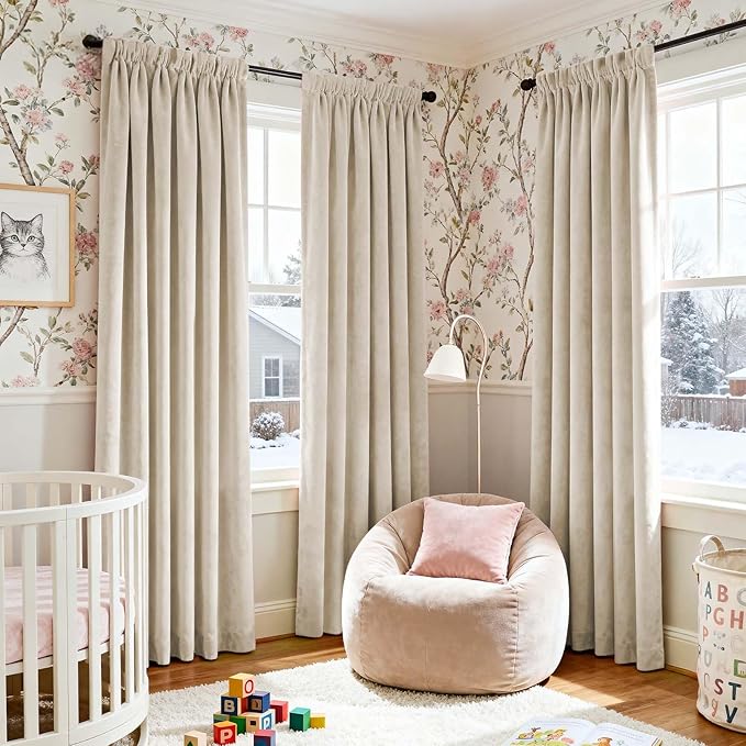 Lazzzy Velvet Blackout Curtains Thermal Insulated Room Window Drapes Super Soft Luxury Curtains for Living Room Bedroom Rod Pocket 2 Panels, Beige, 52" W x 90" L