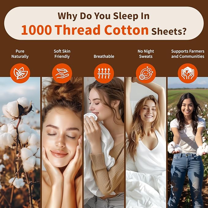 LBRO2M 100% Cotton Sheets Set Deep Pocket 24", 1000 Thread Count King Size 4 Piece Bed Sheet Sets Soft Comfortable Bedding All Season (King, White)