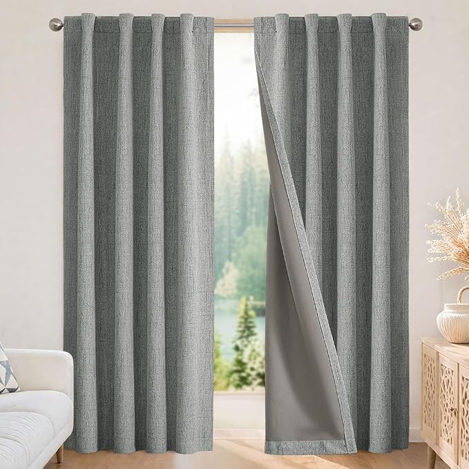 Joydeco Blackout Curtains for Bedroom - 100% Light Blocking 2 Panels Light Grey Drapes 37" W x 90" L, Thermal Insulated Room Darkening Curtains, Linen Textured for Living Room, Rod Pocket & Back Tabs