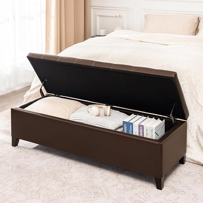 Joveco Storage Ottoman Bench, 51 Inch Leather Tufted Bench for End of Bed, Bedroom, Living Room, Brown