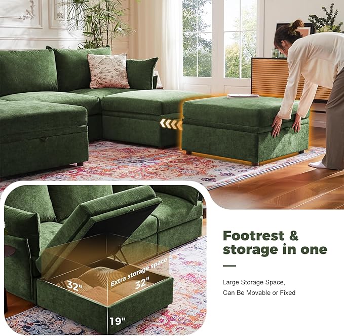 ABCASA 103.5" Oversized Modular Sectional Sofa, L Shaped Convertible Couch with Movable Ottoman, Large 6 Seat Corner Couches for Living Room Deep Seat- Green Chenille