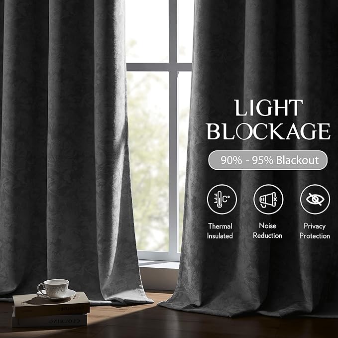 Beauoop Grey Floral Jacquard Blackout Curtains 108 Inches Long 2 Panels for Bedroom Living Room Gray Flower Chenille Room Darkening Thermal Soundproof Grommet Window Treatments Drapes, 52x108