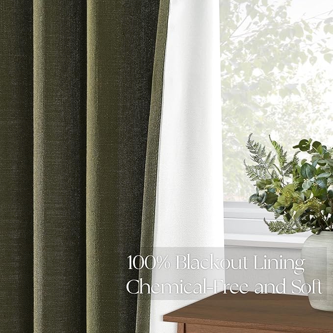 Topfinel Olive Green Linen Blackout Curtains 96 Inches Long, 100% Blackout Pinch Pleated Dark Green Boho Soundproof Track Back Tab Drapes with Hooks Rings for Living Room Bedroom Sliding Door