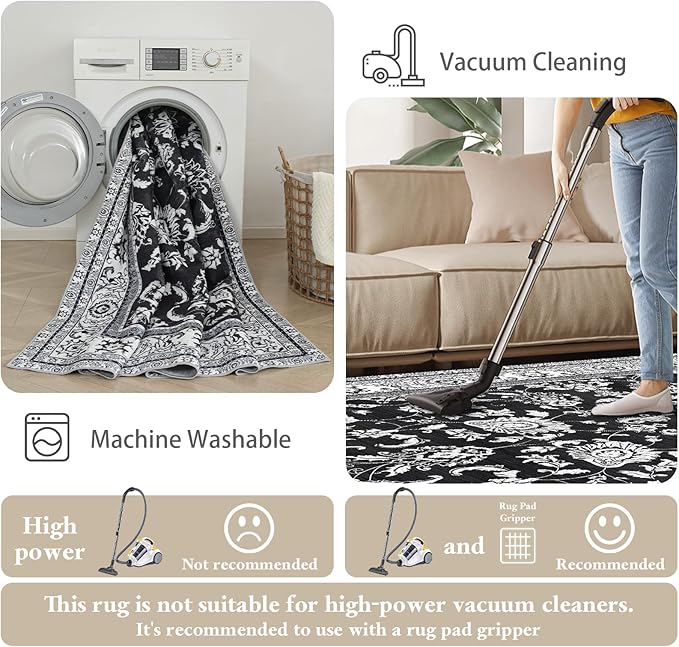 Area Rugs 5x7 Machine Washable Floral Rug Non Silp Faux Wool Vintage Soft Black Carpet for Living Room Dinning Room Bedroom Rug Under Bed Floor | Black White