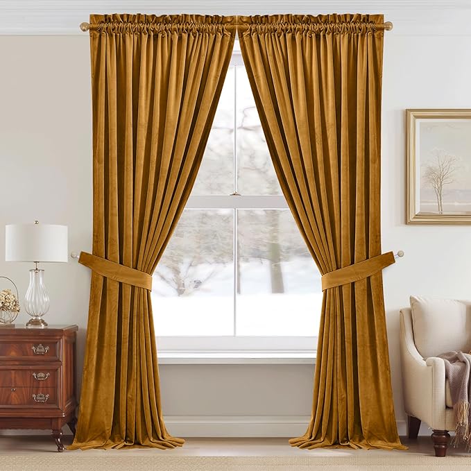 StangH Mustard Gold Velvet Curtains - Soft Light Blocking Drapes for Living Room Sliding Door, Energy Efficient Window Curtains, Vibrant Fall Home Decor, W52 x L105, 2 Panels