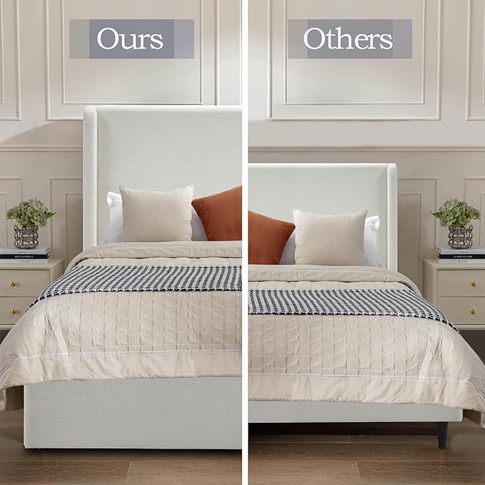 King Size Upholstered Bed Frame, Harper 54" Tall Headboard Platform Beds, Wingback Headboard Bedframes/No Box Spring Needed/Easy Assembly/Elegant Simplicit, Textured Ivory Canvas Chenille