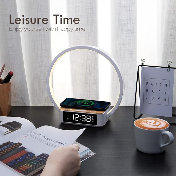 WILIT Bedside Lamp with Alarm Clock,Touch Lamp with Wireless Charger,Nightlight for Bedroom,Sunrise Wake-up Light,3-Grade Dimmable,Birthday Gifts for Her,Women,Men,Mom,Daughter,Girlfriend(Wood Grain)