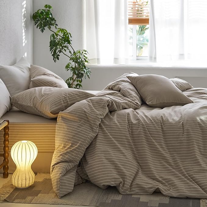 MooMee Striped Duvet Cover Set 100% Washed Cotton Linen Like Textured Breathable Durable Soft Comfy (Tannish Linen Grey White Wide Stripes, Queen 90"x90")