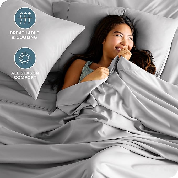 Bare Home Hotel Luxury Split King Sheet Set, Extra Soft, 7 Piece Set, Deep Pockets, Easy Fit, Cooling & Breathable, Wrinkle, Fade, Stain Resistant, Set Includes 4 Pillowcases (Split King, Light Grey)