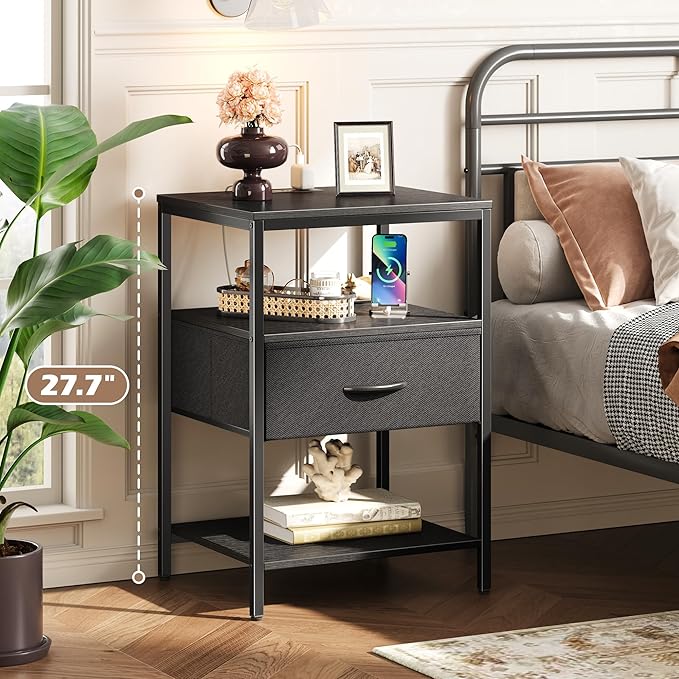 SUPERJARE Night Stand with Charger Station, 27.7 Inch Tall Nightstand with Adjustable Fabric Drawer, Bed Side Table, Fabric Drawer Dresser for Bedroom, Living Room, Black