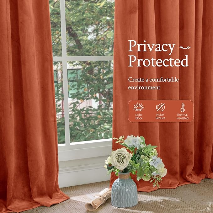 LAMIT Terracotta Velvet Curtains 84 Inch for Living Room, Rust Fall Decor Room Darkening Panels for Farmhouse Thermal Noise Reducing Bedroom Drapes with Back Tab and Rod Pocket, 2 Panels, 52 x 84 Inch