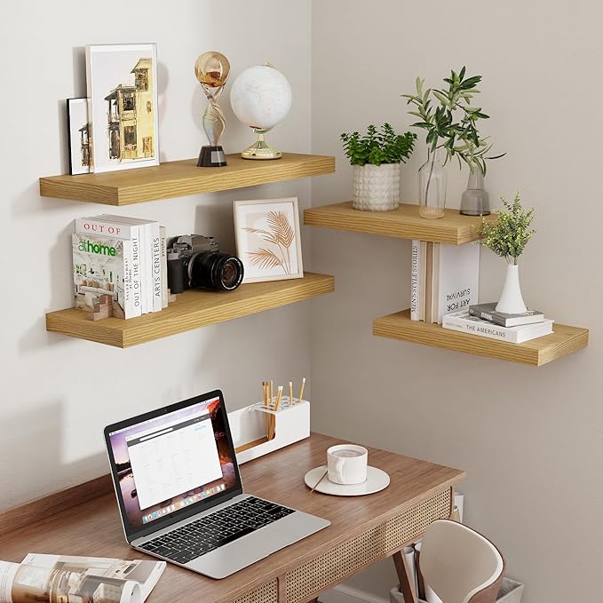 Fun Memories 32 Inch Floating Shelves, Wall-Mounted Bathroom Shelves Set of 2, 9.3 Inch Deep Floating Shelf Bookshelf for Living Room, Bedroom, Heavy-Duty Deep Storage Shelf for Wall, Oak Color