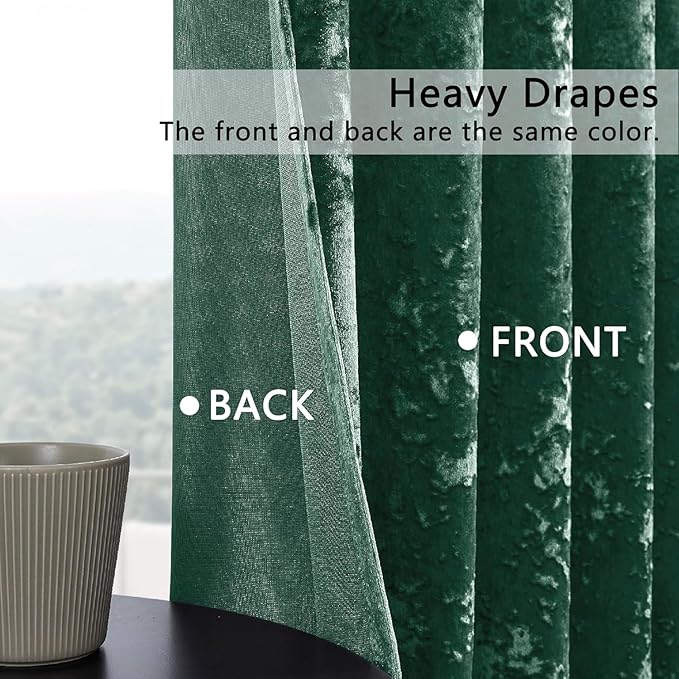 SMILETIME Forest Green Crushed Velvet Curtains 52x96 inch Luxurious Thermal Insulated Soundproof Drapes for Living Room Bedroom Office Soft and Durable Light-Filtering Window Treatments, 2 Panels