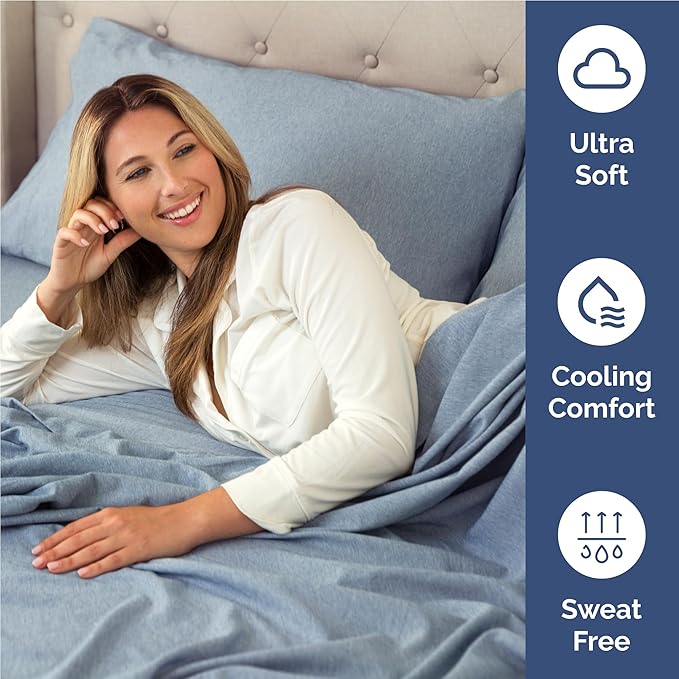 Full 6 Piece Sheet Set - Cooling & Breathable - Hotel Luxury Bedding, Includes Fitted Sheet for Women, Men, Kids and Teens - 1 Flat, 1 Fitted Sheet, 4 Pillowcases with Deep Pockets - Heathered Blue