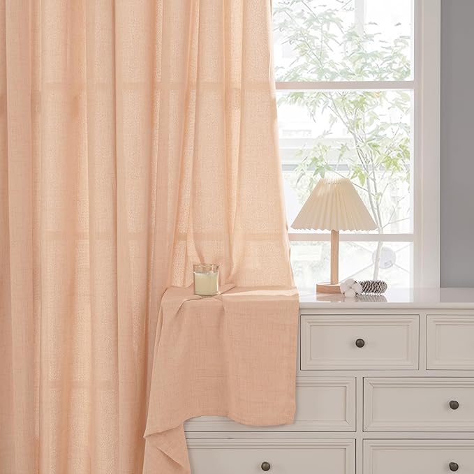 YoungsTex Peach Linen Curtains 63 Inches Length for Living Room - Textured Coral Semi Sheer Drapes with Bronze Grommet Light Filtering for Bedroom Kitchen Office Lightweight, 52 x 63 Inch, 2 Panels