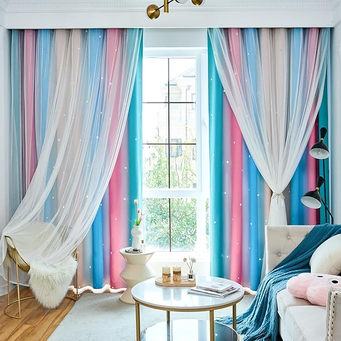 Star Curtains - Blackout & Rainbow Bedroom Curtains, 72 Inch Long, 2 Panels, Beige, Blue & Pink