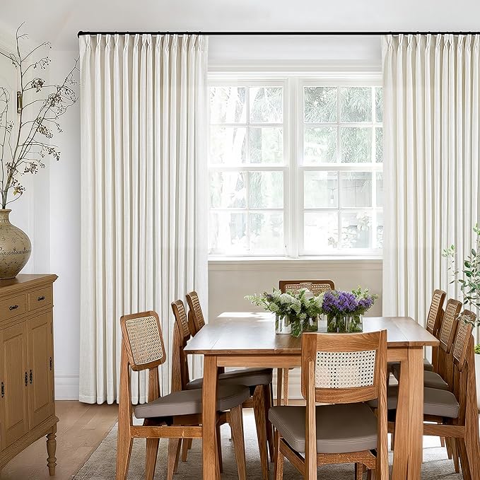 Neutral Pinch Pleated 86 Inch Curtains Semi Sheer Linen Blended Light Filtering Window Curtains 86 Inches Long for Living Room Bedroom Boho Cream Birch Pinch Pleat Drapes Rings Hooks 2 Panels Set