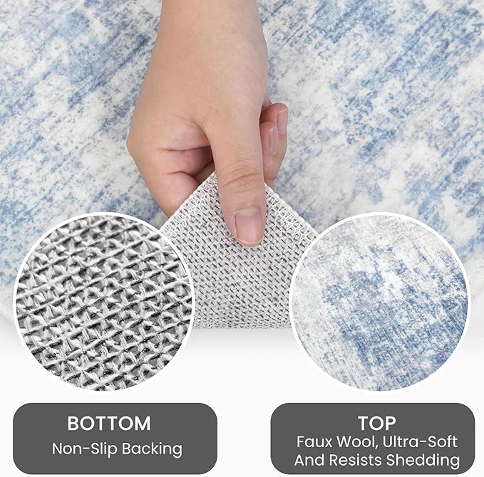 IOHOUZE Abstract Runner Rug 2x10 Ft Washable Runners for Hallways, Non Slip Kitchen Runner Printed Faux Wool Entryway Runner Indoor, Modern Abstract Floor Carpet for Hall Kitchen, Light Blue White