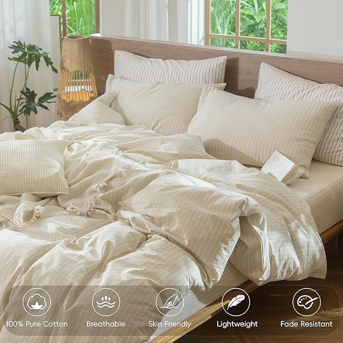 MooMee Striped Duvet Cover Set 100% Washed Cotton Linen Like Textured Breathable Durable Soft Comfy (Almond Milk Grey White Wide Stripes, Twin 68"x90")