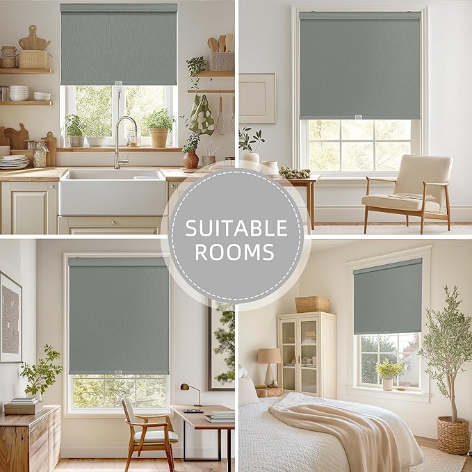 ChrisDowa Cordless Blackout Roller Shades for Windows, Striped Free-Stop Window Blinds with Privacy, Thermal Insulated Window Shades for Home, Office and Door. Grey, 47" W x 72" H