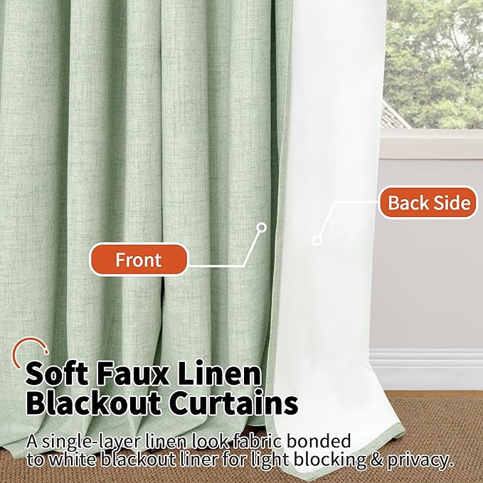 Sage Green Blackout Curtains for Bedroom - Linen Curtains 95 Inch Length Thermal Insulated Privacy Burlap Boho Window Drapes for Living Room Scandi Farmhouse Dining, 2 Panels, Each 52" Wide