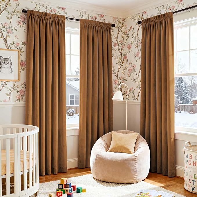 Lazzzy Velvet Blackout Curtains Thermal Insulated Room Window Drapes Super Soft Luxury Curtains for Living Room Bedroom Rod Pocket 2 Panels, Gold Brown, 62" W x 90" L