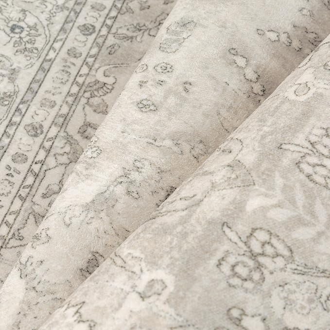Beige 8x10 Area Rug Washable Vintage Carpet for Living Room Bedroom Large Soft Retro Floral Low Pile Thin Indoor Rug Non Slip Central Medallion Floor Cover for Dining Room Office