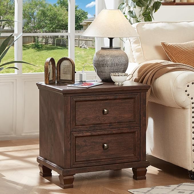 Farmhouse Nightstand Set of 2, Rustic Low Nightstands with 2 Drawers & Charging Station, Vintage Night Stands with 4 Square Solid Wood Legs, Small Dresser for Bedroom, Home, Walnut