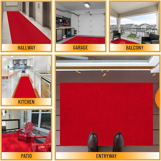Ottomanson 6'6" x 41' Hallway Runner with Scraper Pile Extra Durable Non-Slip Rug Mat for Indoor & Outdoor Use - Ideal for Kitchen, Entryway, Patio & Garage - High-Traffic Carpet, Red