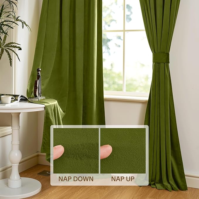 StangH Olive Green Velvet Curtains Light Blocking Bedroom Window Drapes Privacy Thermal Insulated Panels for Living Room Christmas Decor, W52 x L84, 2 Panels