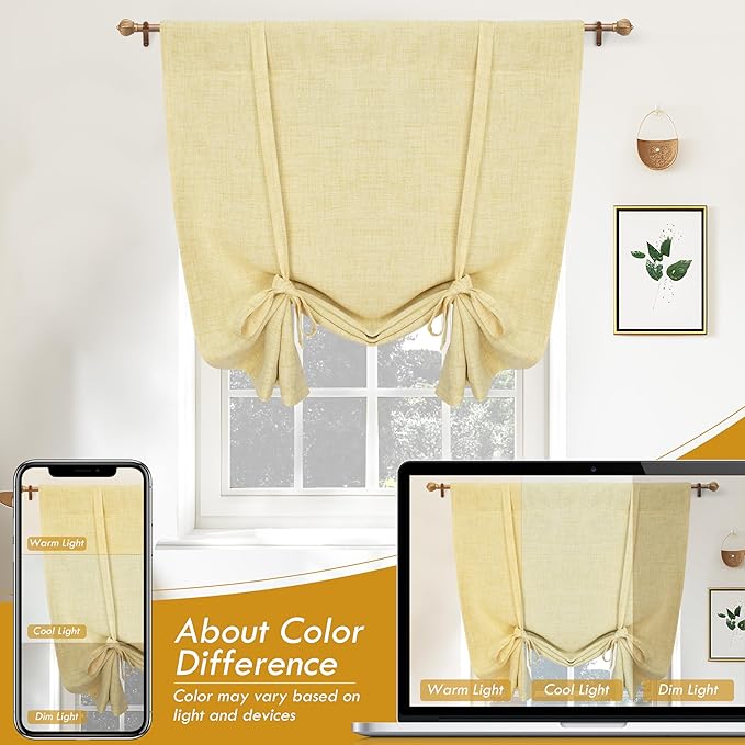 DriftAway Double Layer Linen Blackout Tie Up Curtains Thermal Insulated Fully Lined Balloon Roman Shade Bathroom Window Adjustable Rod Pocket for Small Window 45 Inch by 63 Inch Yellow