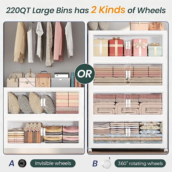 720QT Extra Large Stackable Storage Bins with Lid, 180Gal Collapsible Storage Box with Wheels and Doors, Plastic Closet Organizer and Storage Cabinet for Home Kitchen Office Dorm, 5Pack White